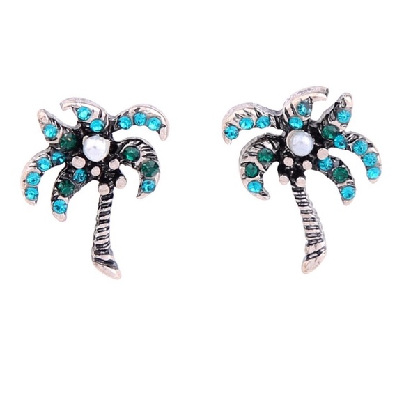 COCONUT PALM TREE PEARL RHINESTONE EARRINGS - Picture 4 of 7